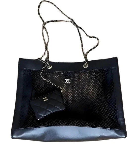 Chanel VIP black mesh tote bag with quilted pouch