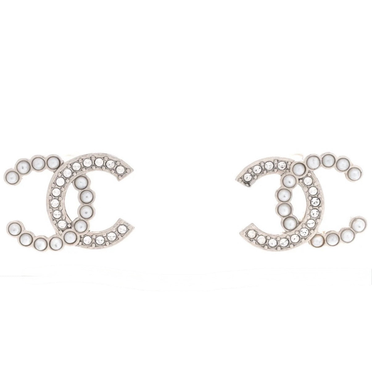 Chanel pearl crystal cc earrings sliver ready stock