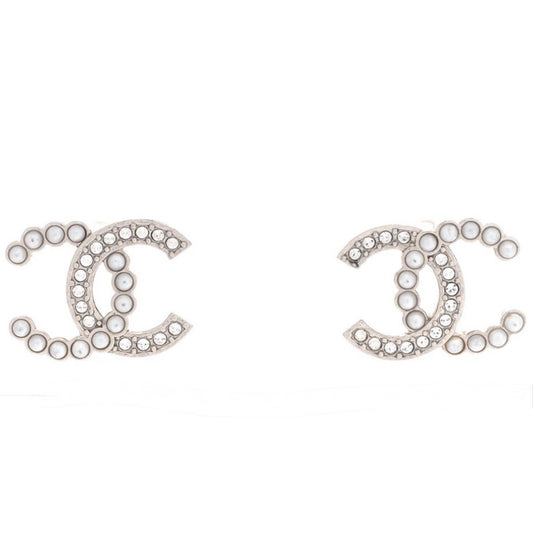 Chanel pearl crystal cc earrings sliver ready stock