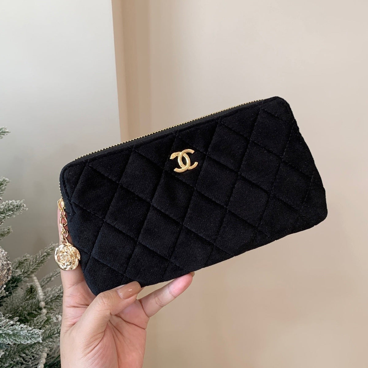 Chanel Beaute Pouch Clutch Bag with Gold Camellia Chain