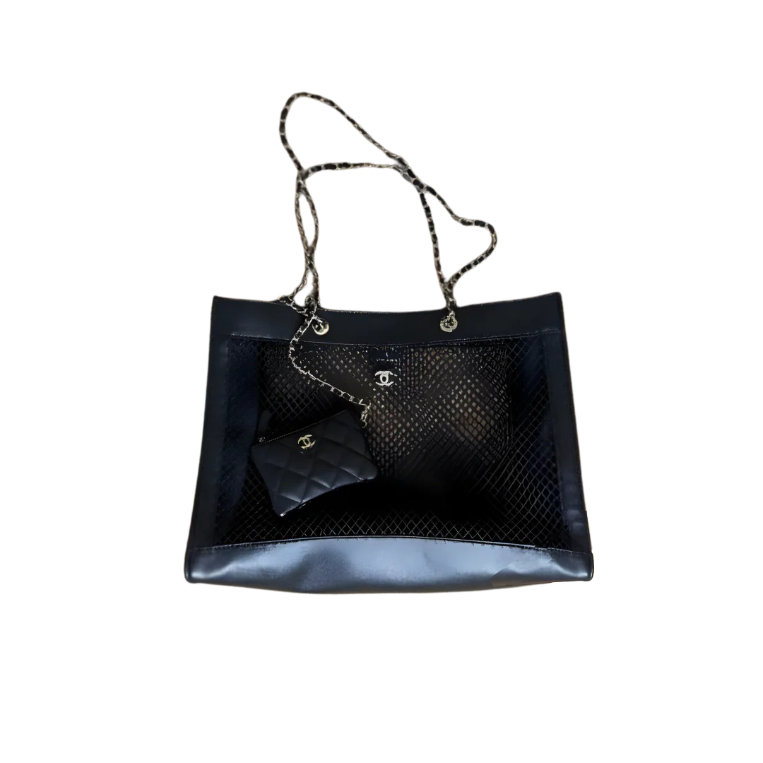 Chanel Black MESH Tote Bag with Quilted card Pouch