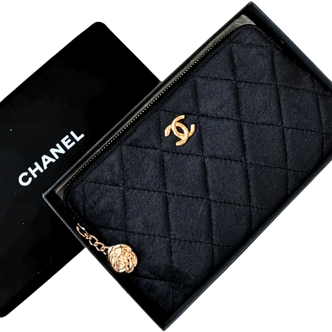 Chanel Beauty Velvet Pouch with Gold Camellia Chain